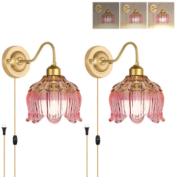 Dimmable Plug in Wall Sconce, Brushed Brass Wall Sconces Set of 2 Flower Wall Lights with Plug in Cord and Glass