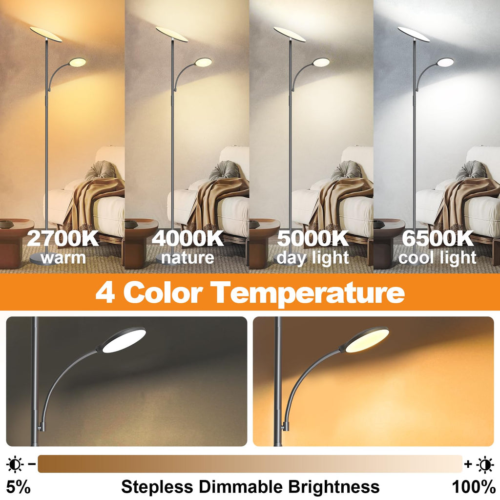 Gray Floor Lamps, 44W/4500LM Super Bright 2 in 1 LED Floor Lamp with Remote, Stepless Dimmable, 69" Tall Standing