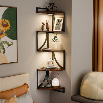 Corner Shelf Wall Mounted with Lights, 5-Tier Floating Metal Shelves, Rustic Brown