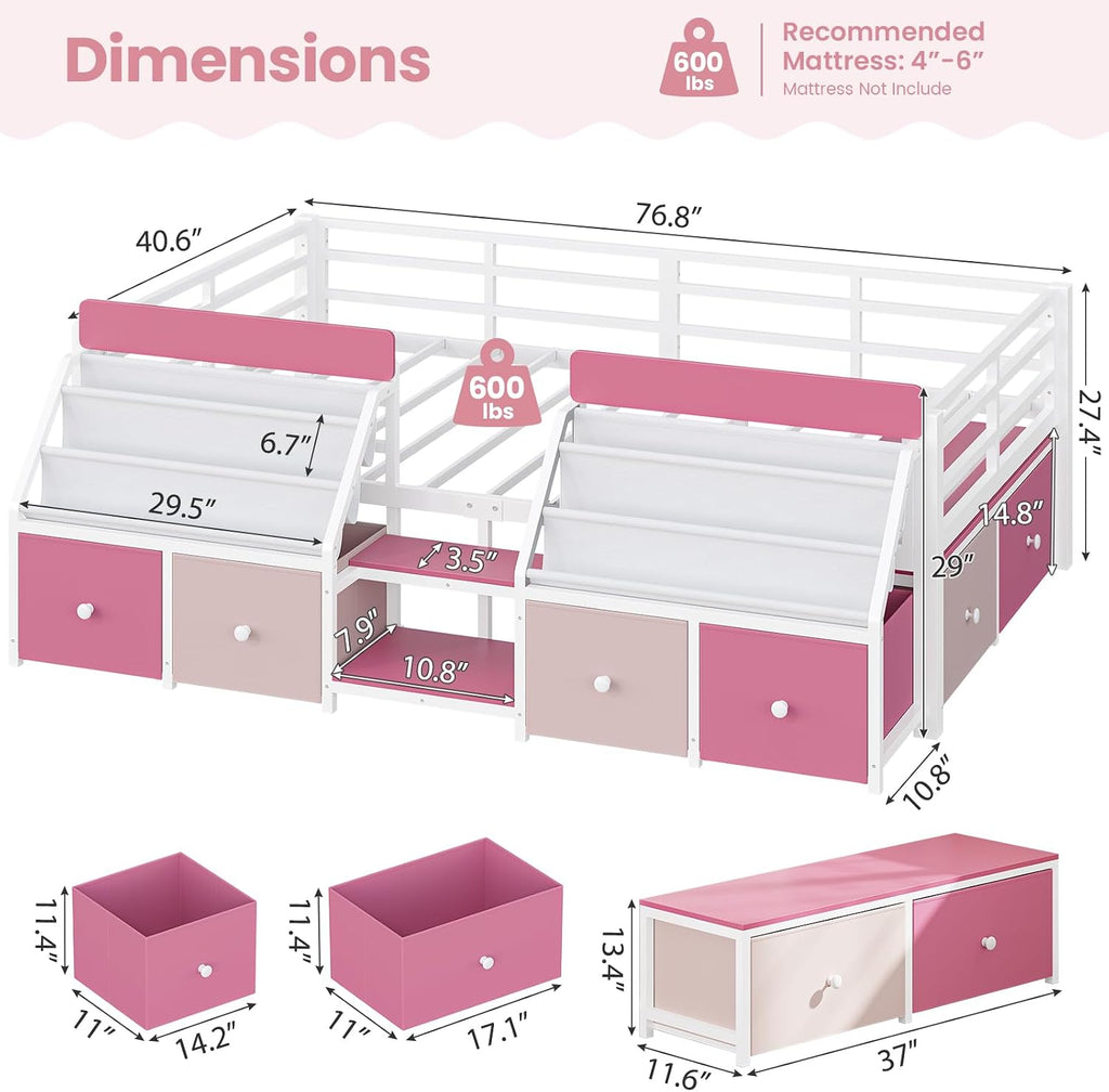 Montessori Kids Floor Bed with Guardrails & 6 Storage Drawers, Pink
