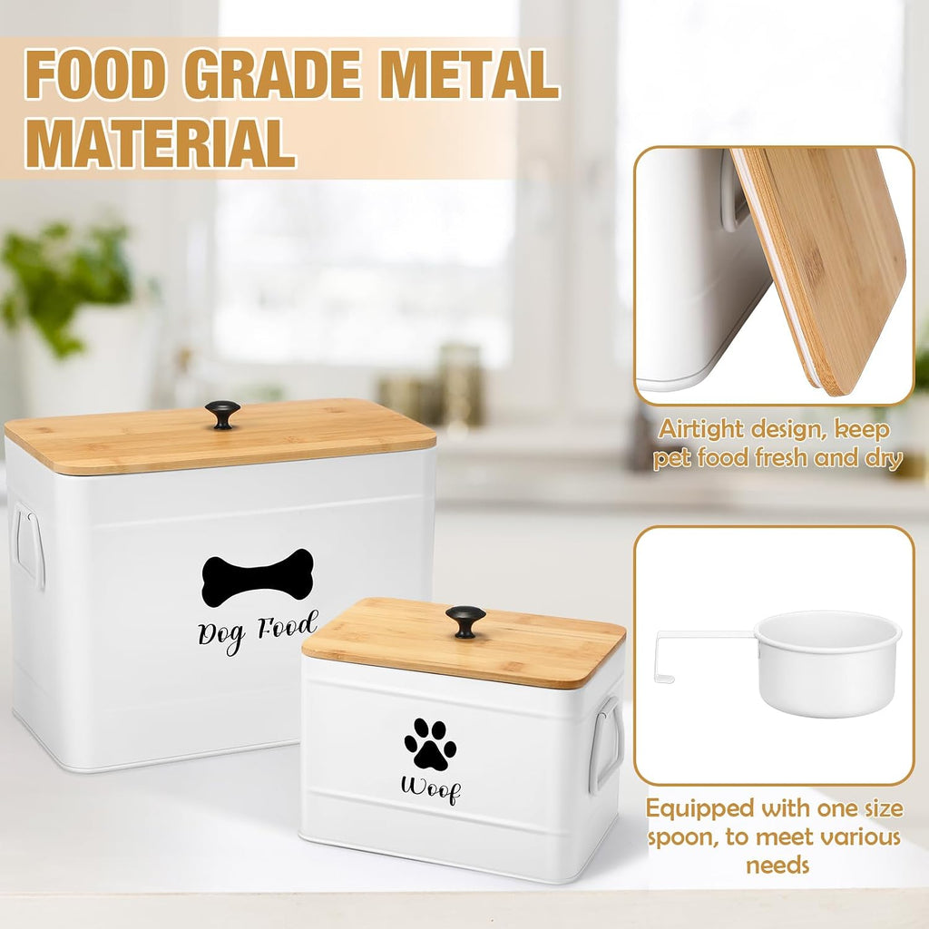 2Pcs Extra Large Metal Dog Food Containers Airtight 12&3.5 Lb, White