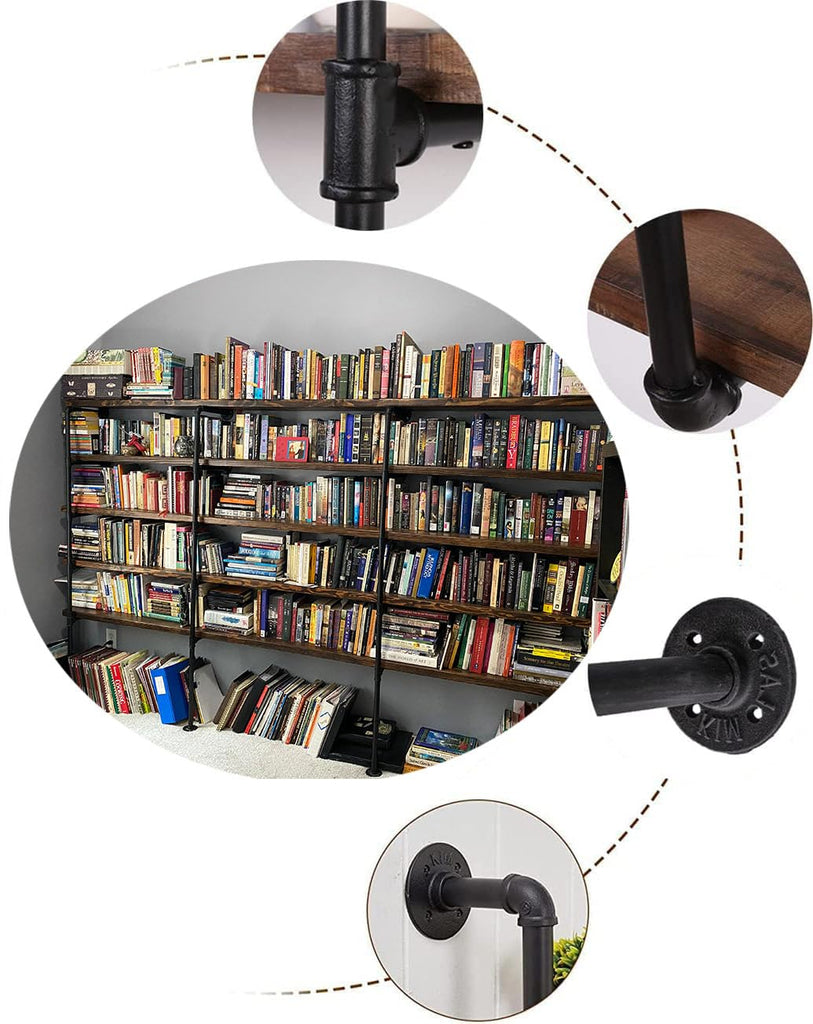 Industrial Pipe Shelves, 3-Set 5-Tier 68" Tall, 12" Depth, DIY Open Bookshelf Bookcase, Wall Mount Vintage Retro