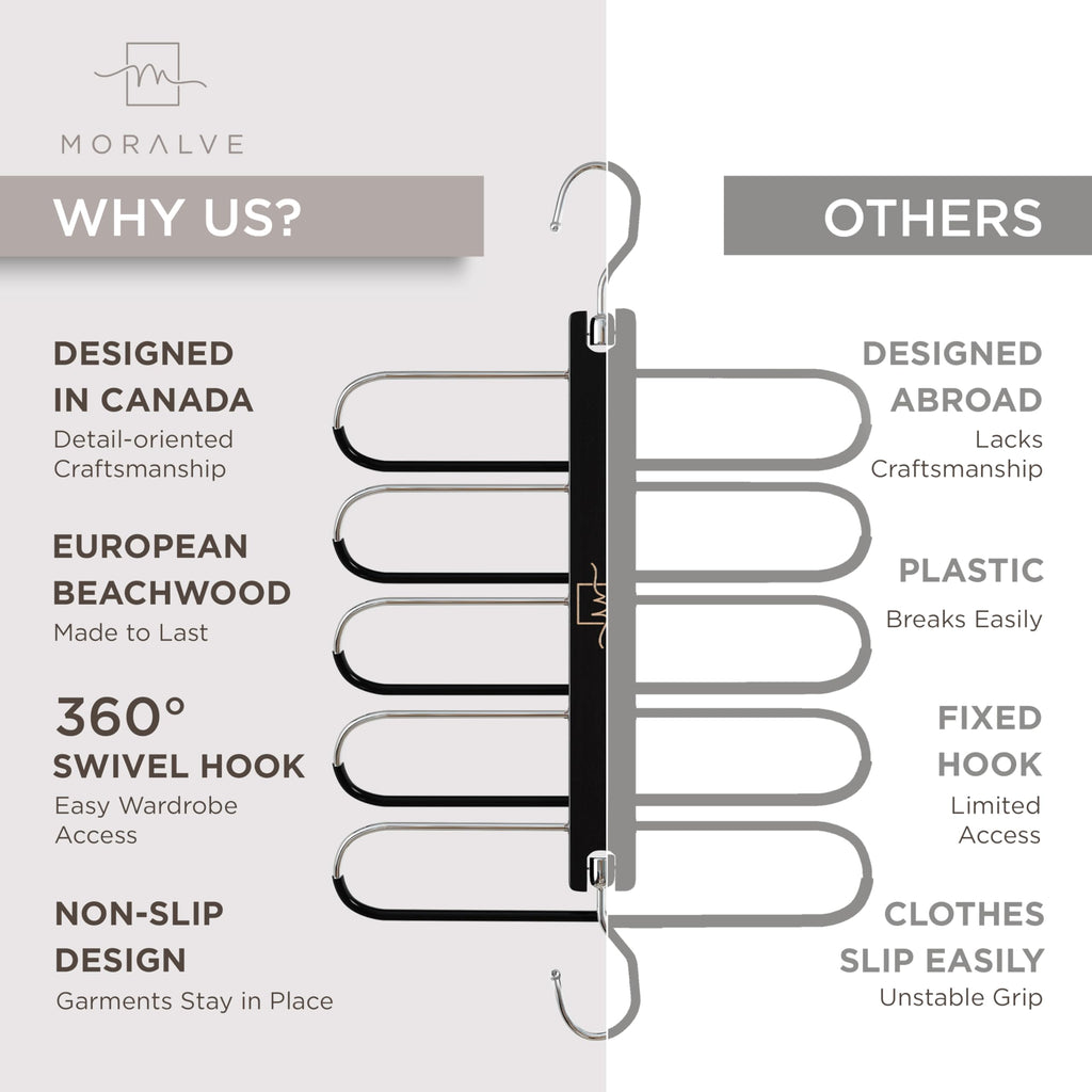 Pants Hangers Space Saving - 4 Pack European Beechwood Scarf and Jean Hangers - Closet Organizer and Space Saver Pant