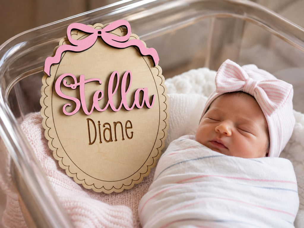 Personalized Baby Name Sign with Bow - Wooden Birth Announcement Keepsake