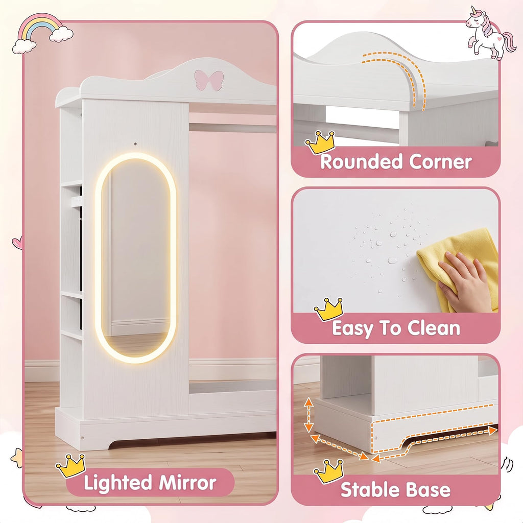 Kids Dress Up Storage with Lighted Mirror, Open Hanging Armoire, White