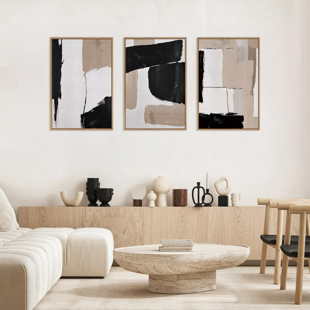 Large Framed Neutral Abstract Canvas Wall Art, Black and White Abstract Wall Decor Set of 3(16"X24")Modern Minimalist