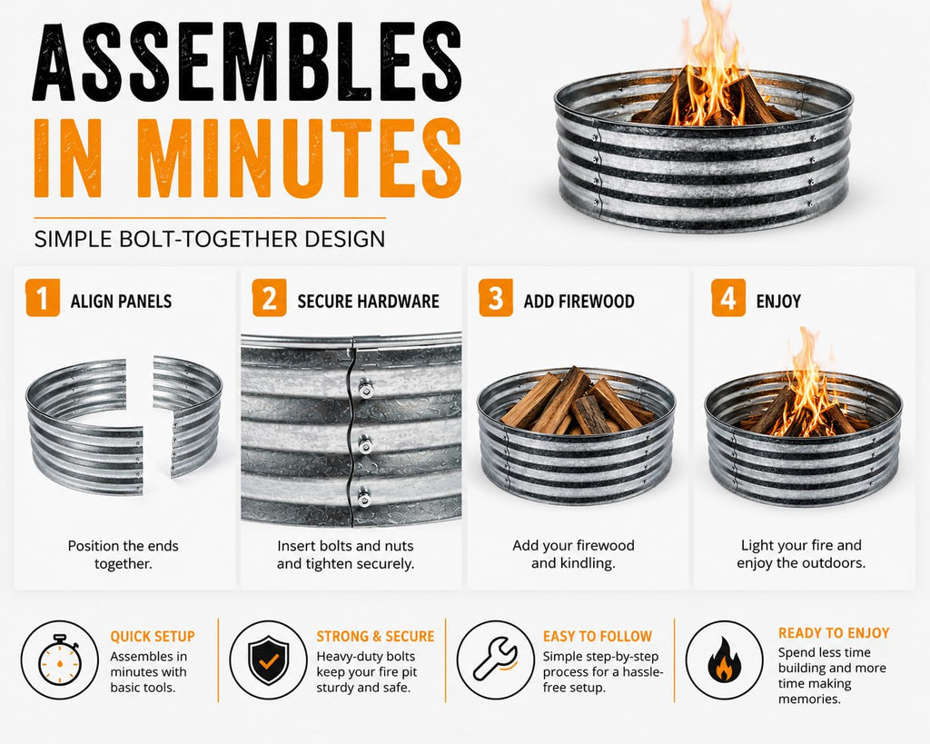 Fire Horse 48 Inch Fire Pit Ring - Heavy Duty Wood Burning Fire Ring Insert - Outdoor Steel Campfire Bonfire Pit