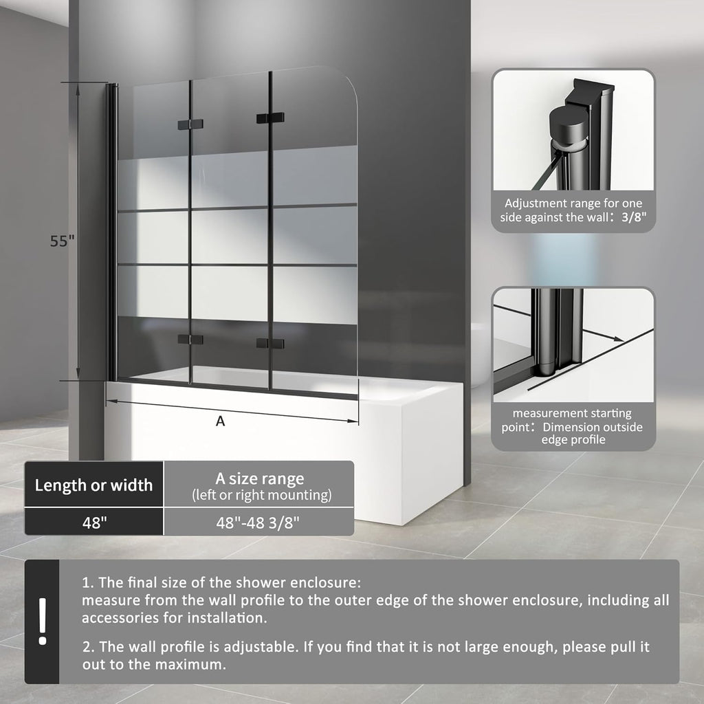 Bathtub Shower Door, Semi-Frameless Bypass 48" W x 55" H Foldable Hinged Bathtub Glass Door 1/4" Tempered Glass