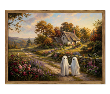 Vintage Framed Ghost Halloween Wall Art, Cottagecore Fall Landscape Wall Decor, Cute Ghost Canvas Print Painting