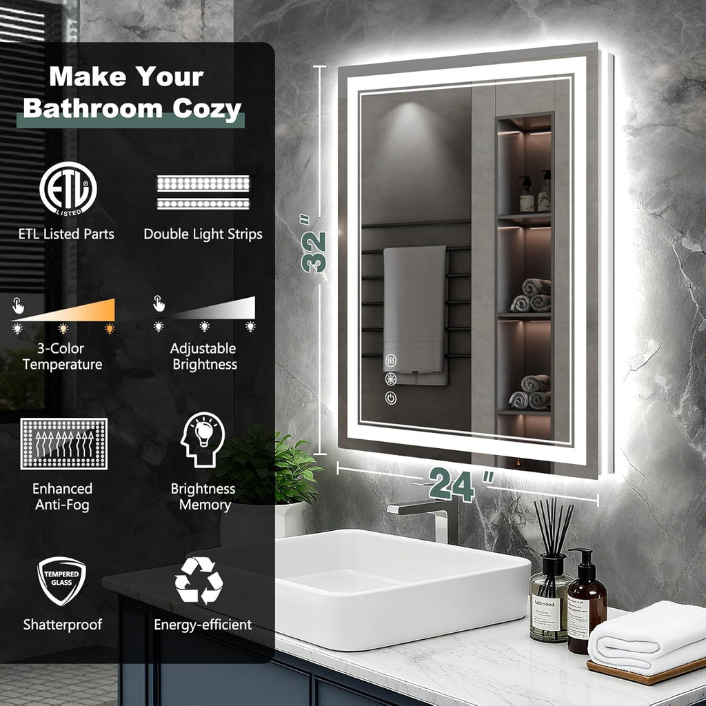 32x24 Inch LED Bathroom Mirror with Lights, 3 Colors Dimmable LED Vanity Mirror, Front and Back Lit, Anti-Fog, Memory