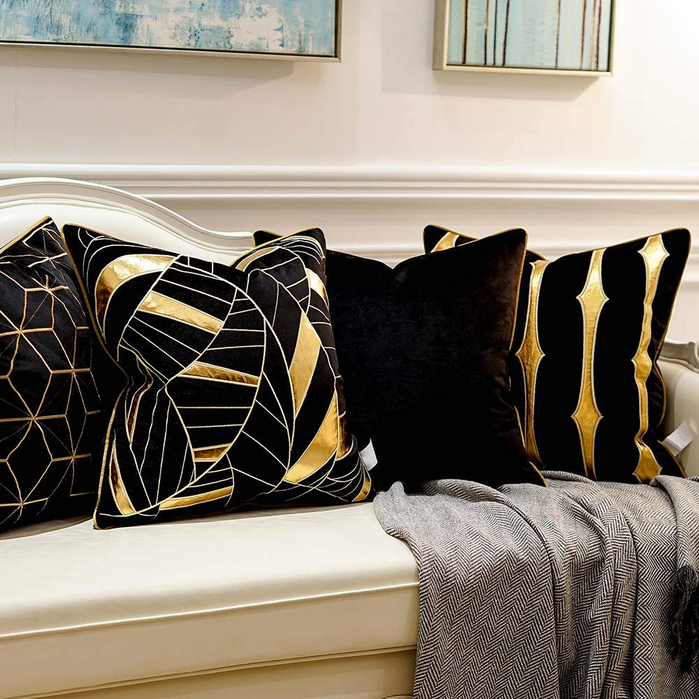 Throw Pillow Cover 20 x 20 Inch, Black Gold, Velvet, Hidden Zipper