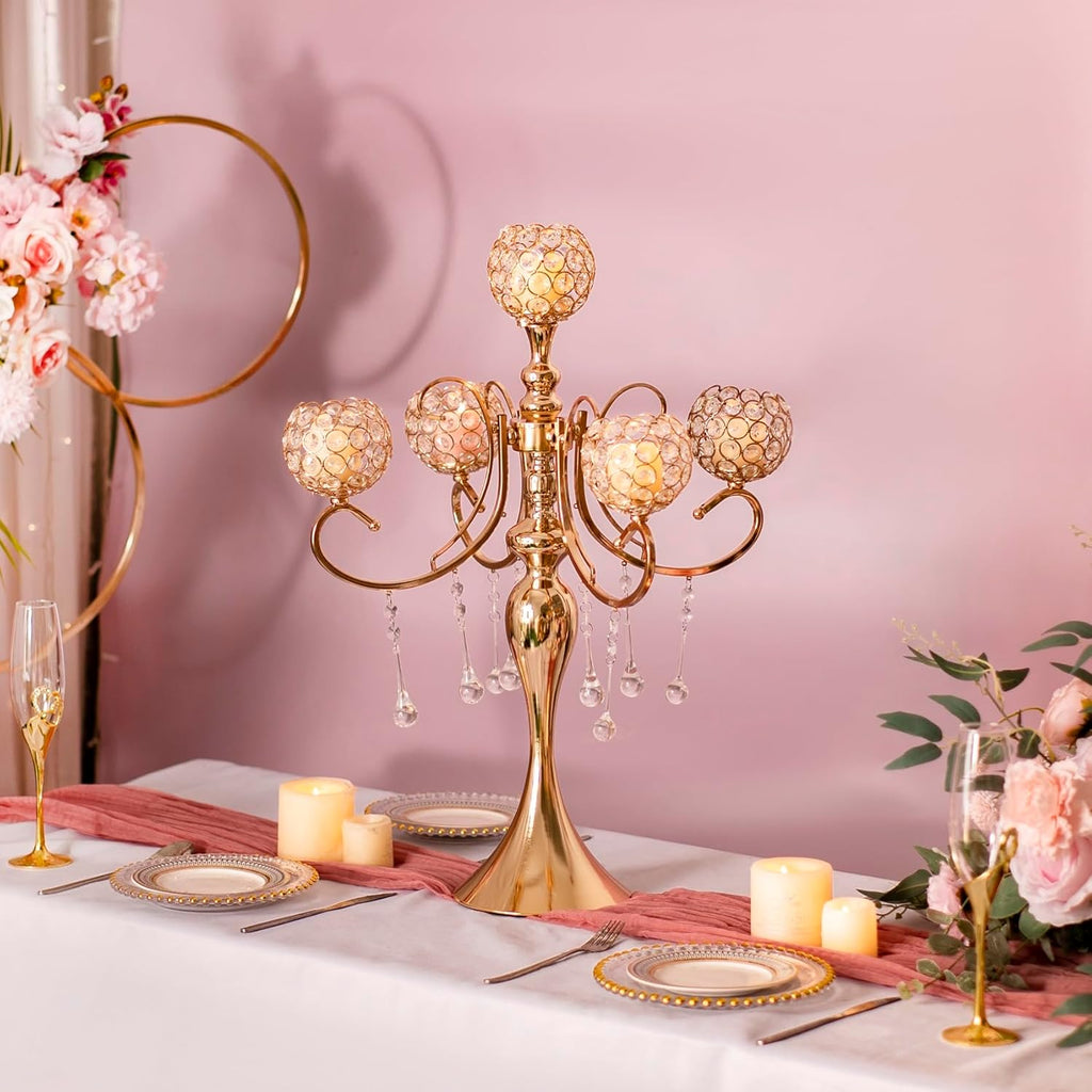Gold Centerpiece for Table, 25.6in Candle Holder for Table Centerpieces, 5Arms Tall Crystal Candelabra Candle Holder
