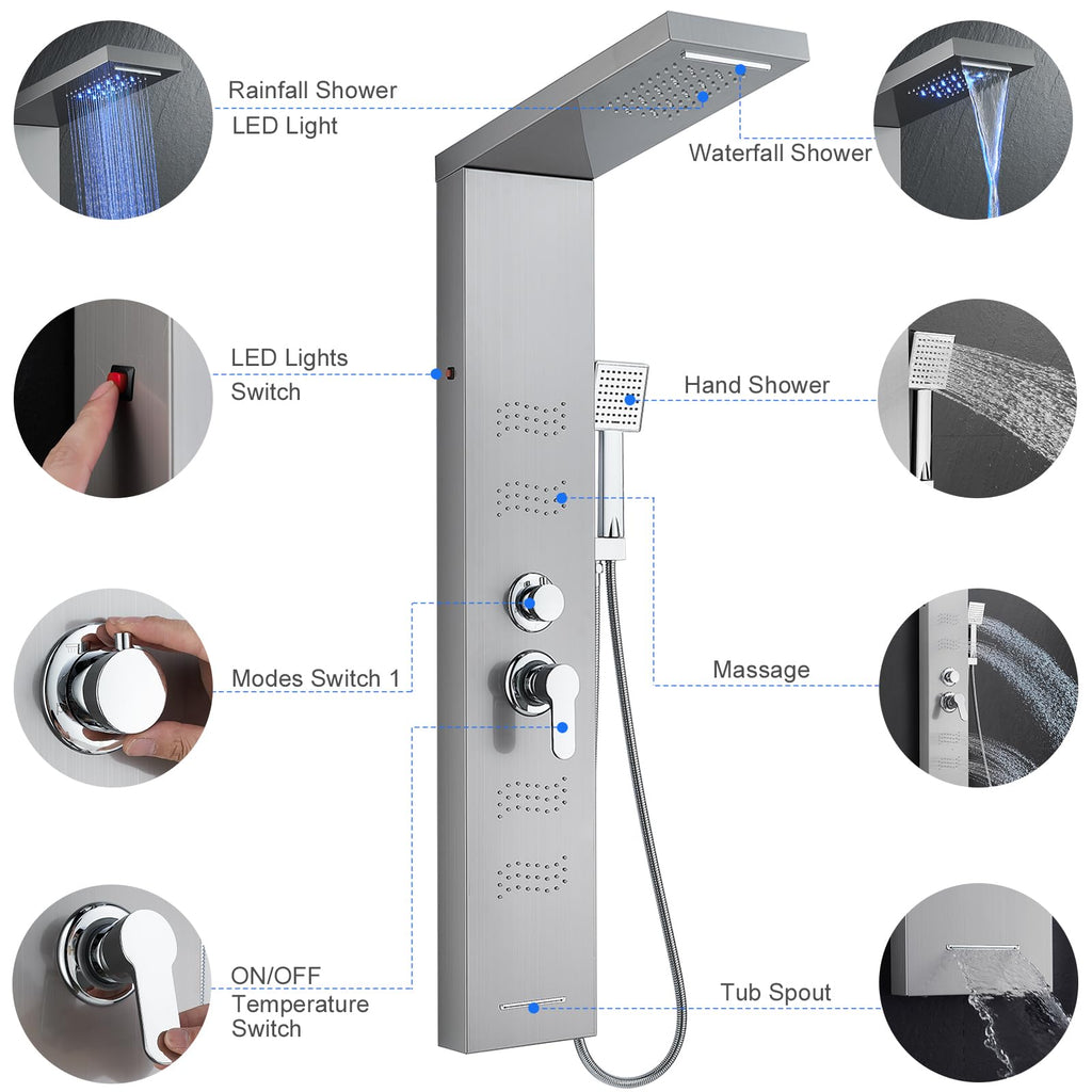 Shower Panel Tower System with LED Lights, Brushed Stainless Steel