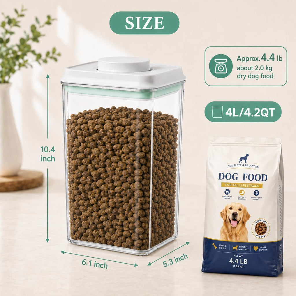 Pet Dog-Cat Airtight Food Storage-Container - 4.2Qt/4L jar with lid and 1/4Cup scoop | Holds 3-5 pounds of dry pet