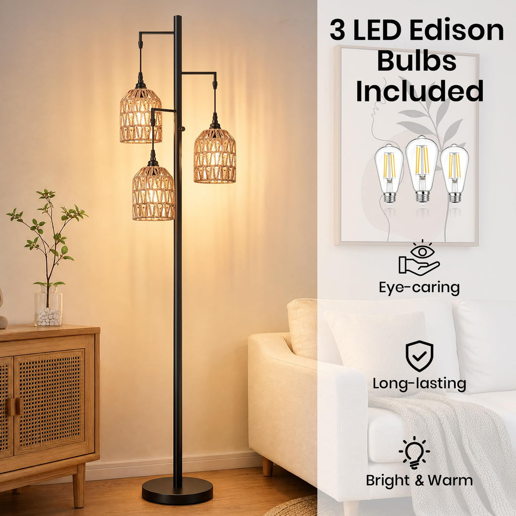 70'' Tall Floor Lamp, 3-Light Rattan Standing Lamp, Black