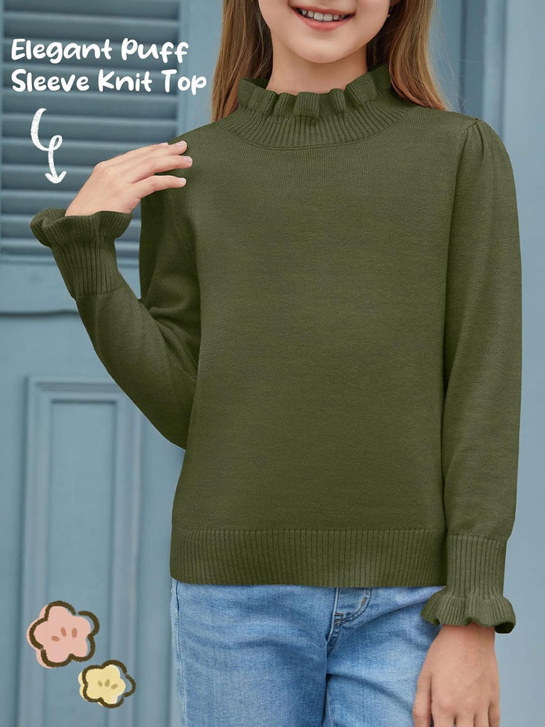 Girls Ruffle Mock Neck Sweater Puff Long Sleeve Fall Soft Knit Cute Pullover Sweaters Top
