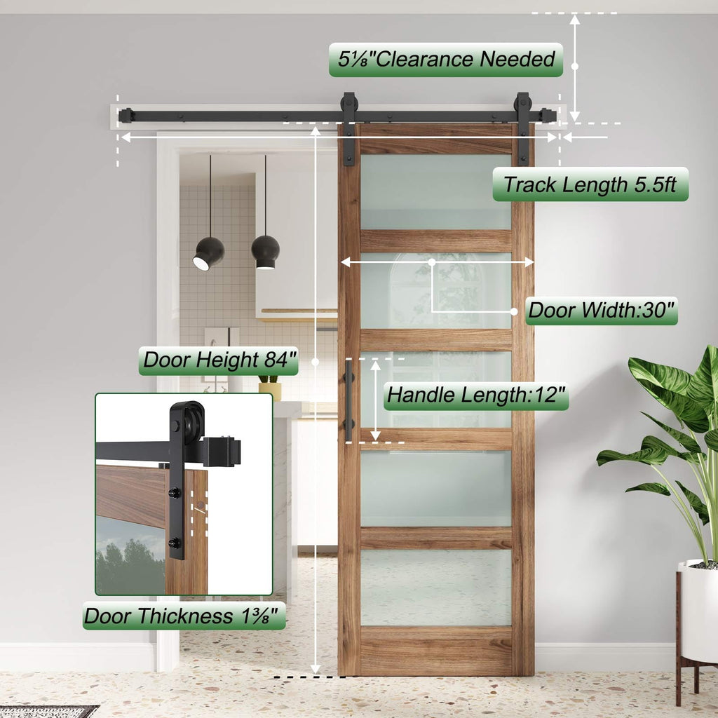 30 x 84 Barn Door with 5-Panel Frosted Glass and Hardware Included