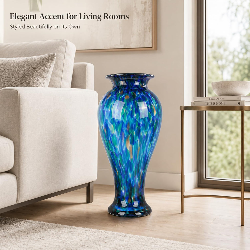 20" Tall Teal Blue Glass Vase Hand Blown Large Floor Glass Vase Home Decor, Pretty Modern Teal Blue Flowers Vases