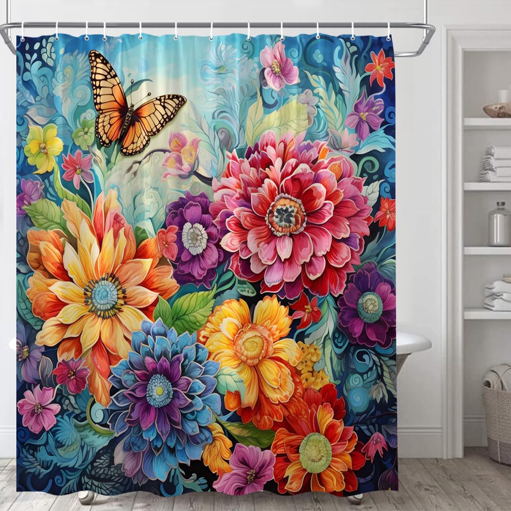 Watercolor Floral Boho Shower Curtain Bohemian Gorgeous Colorful Sunflowers Peony Daisies Dahlias Flowers Tropical