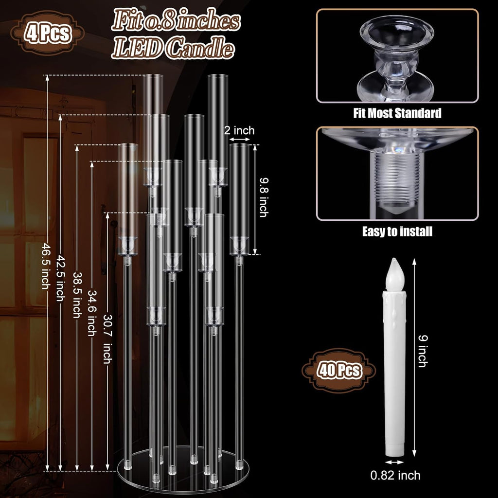 4 Pcs 10 Arm Wedding Acrylic Candelabra Table Centerpieces with 40 LED Candle 46.5'' Tall Floor Candlestick Clear