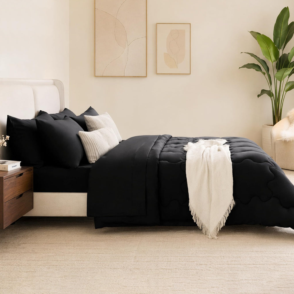 Black Comforter Set, Wavy Check Pattern, 7 Pieces