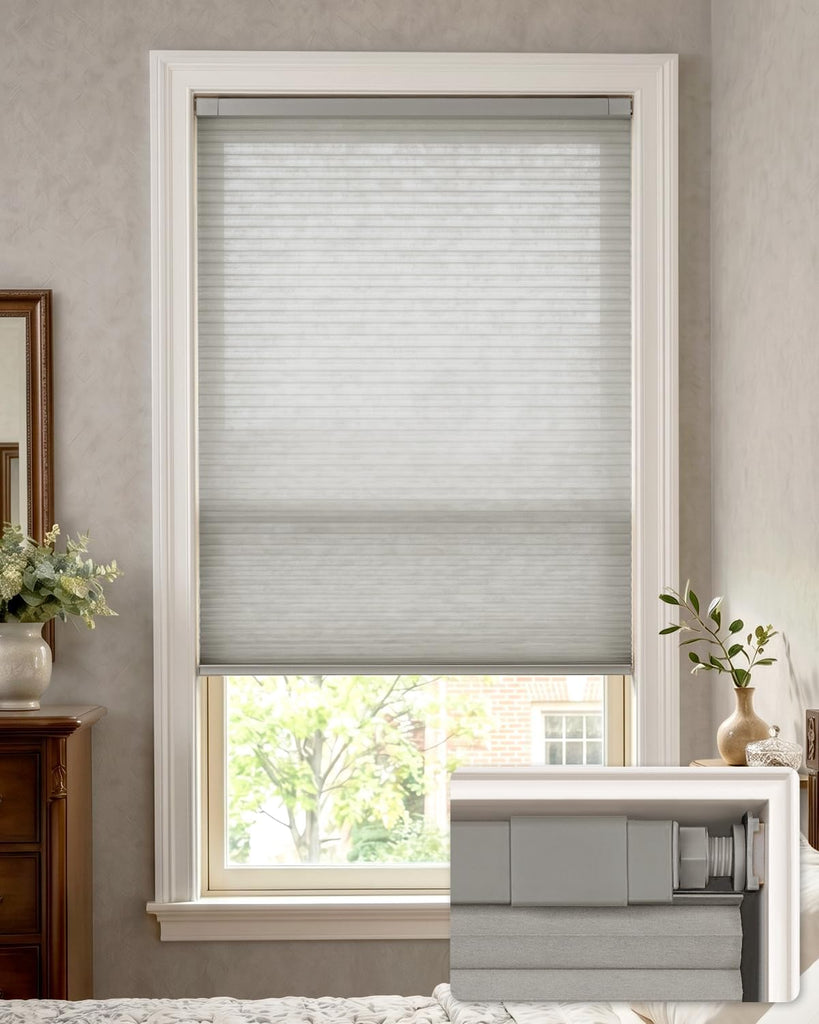 No Drill Blackout Cellular Shades, White | No Tools Cordless - Dove Grey