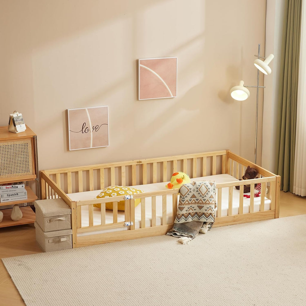 Montessori Floor Bed, Solid Wood Kids Bed Frame with Slats, Door and Safety Guardrails, 2 Door Latches, No