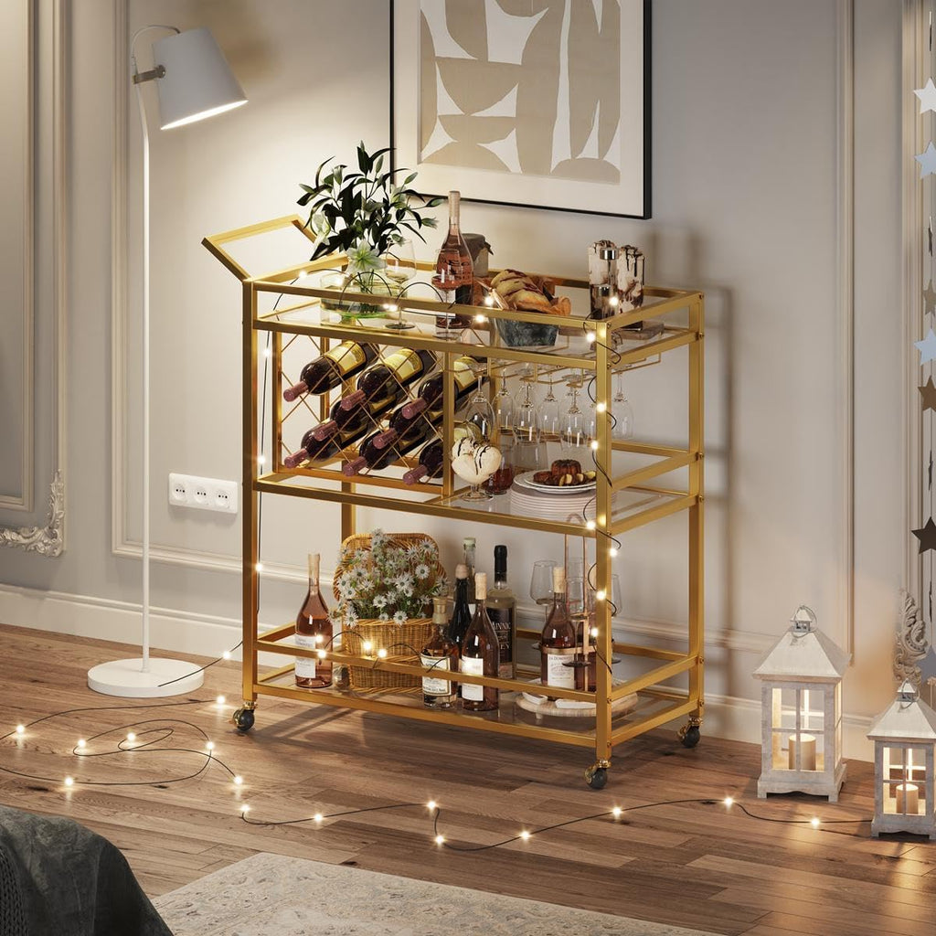 Bar Cart Gold, Home Bar Serving Cart with Wine Rack and Glasses Holder, Wine Carts on Wheels with 3 Tier Mirrored