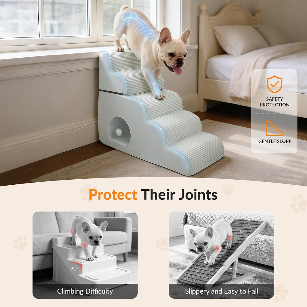 Dog Stairs for High Beds Up to 30" H with Tunnel, Extra Height 27.5" 5-Step Pet Steps for Small Dogs and Cats