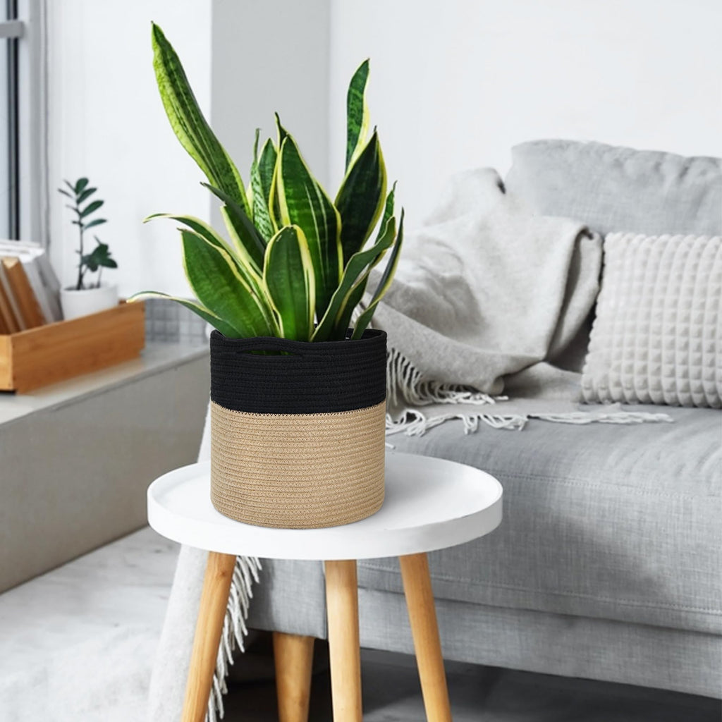 Wicker Plant Basket Indoor, 11" x 11" Jute Spliced Cotton Rope Basket Planter for 10" Pot, Woven Flower Tree Pots