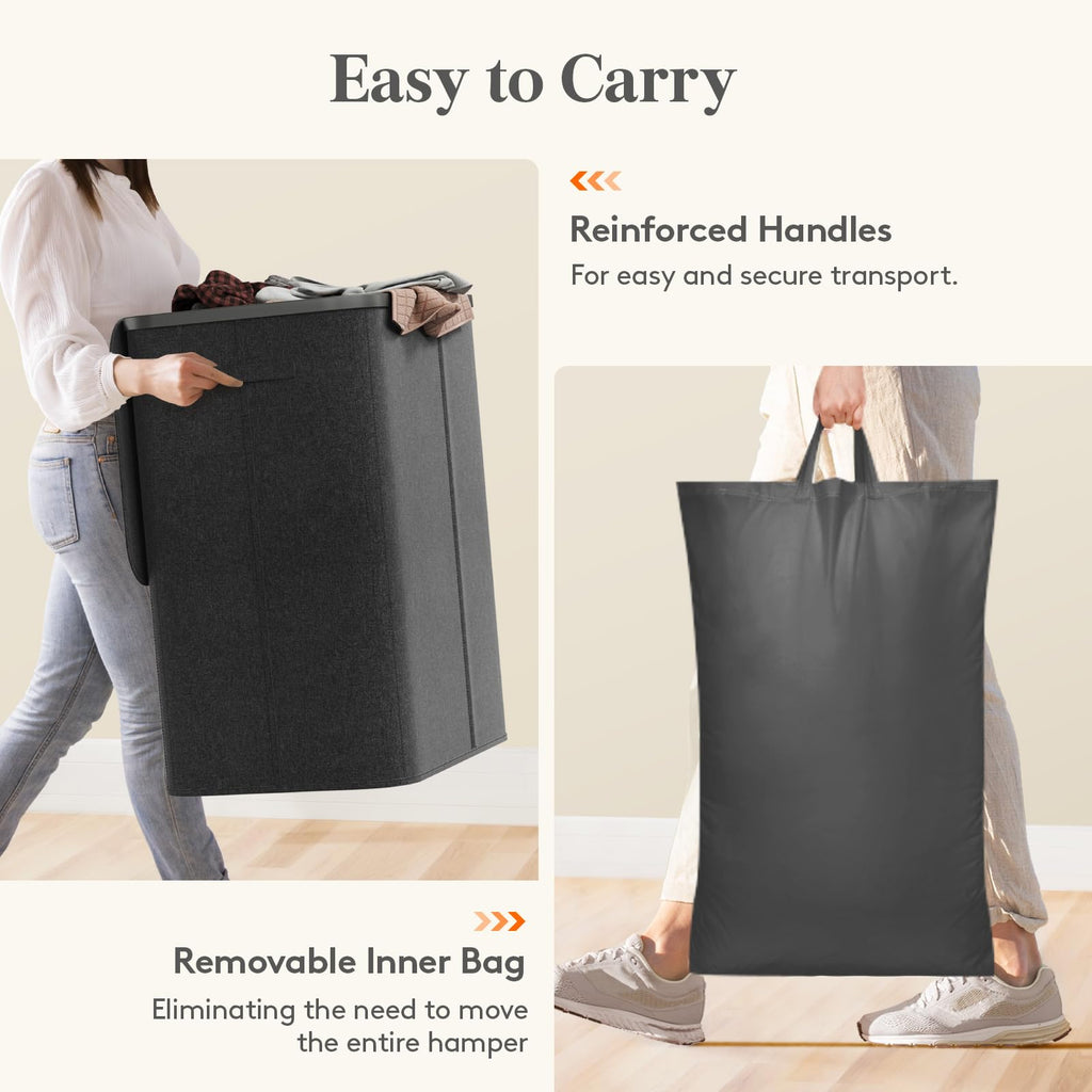 3 Section Laundry Hamper with Lid, Laundry Basket, Dark Gray