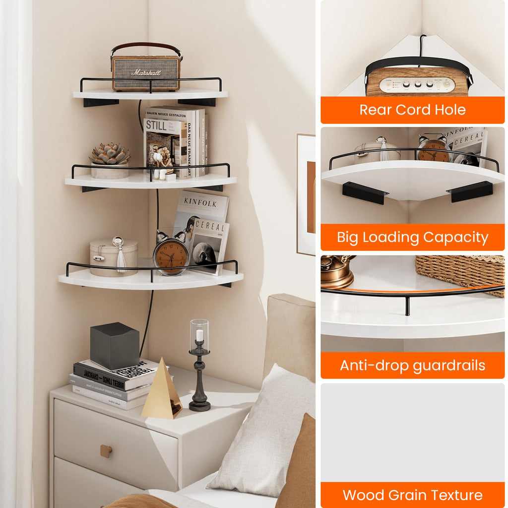 Corner Wall Shelves, 3 Tier Wooden Corner Floating Shelves, White