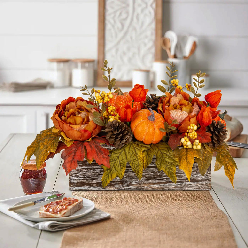 Fall Decor Autumn Harvest Pumpkins Centerpiece - Artificial Peony Maple Leaf and Pinecones Arrangement in Rectangle