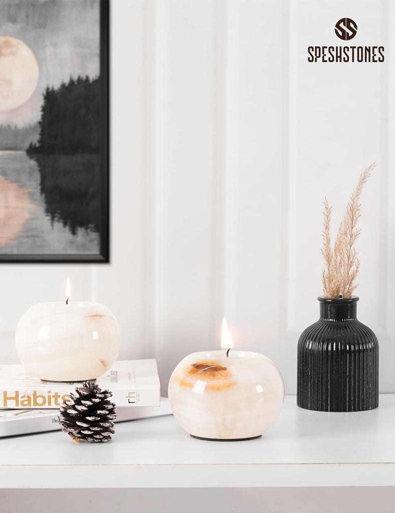 Marble Tea Light & Votive Candle Holders 4 Inch, Cream Onyx | Set of 2, handmade. Fits standard tealights. Dining