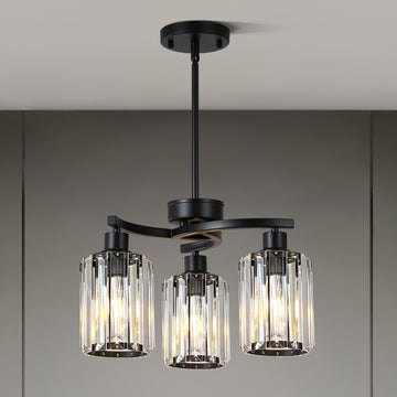 3 Light Black Crystal Chandelier, Glam Pendant