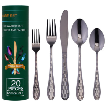 Hammered Silverware Set for 4, 20-Piece Black Flatware, 18/10 Stainless Steel Include Knife/Fork/Spoon, Tableware