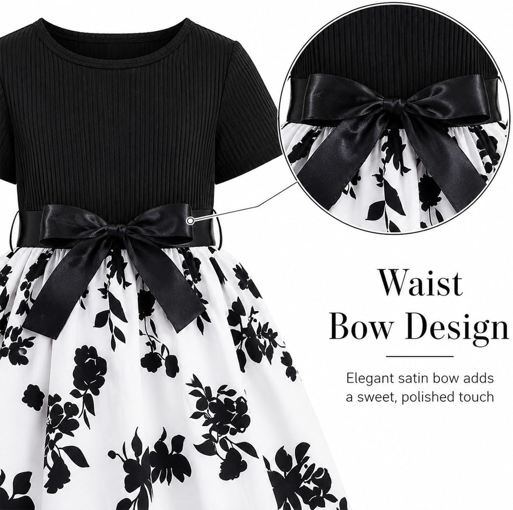 Floral A-Line Dress, Short Sleeve Twirl, Bow Waist, Kids Summer Dress