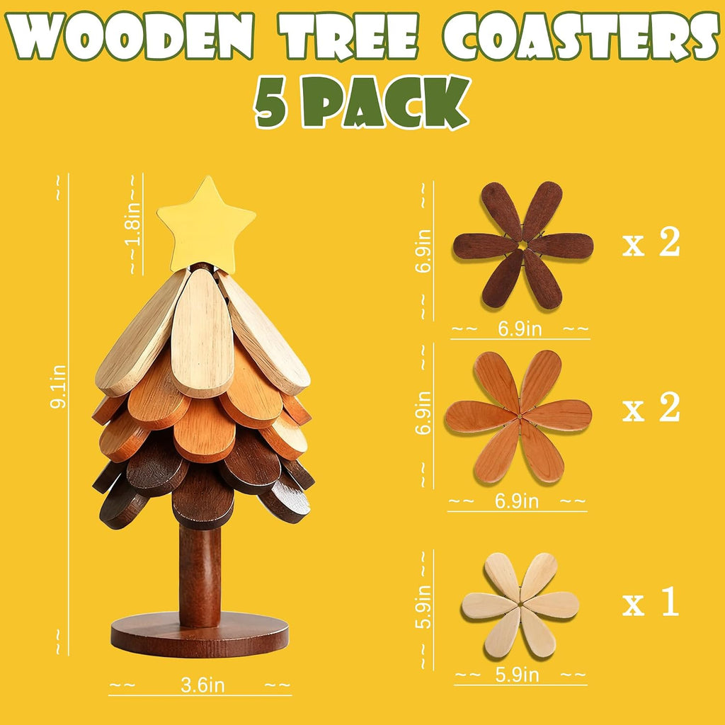 Wooden Christmas Tree Trivet + Stand - Set of 5