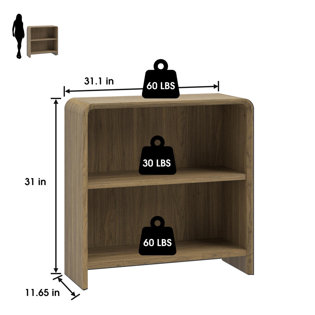 31" Bookcase Tall 2 Shelves Wood Bookshelf with Curved Soft Edges, Heavy Duty Modern Storage Cabinet for Professional
