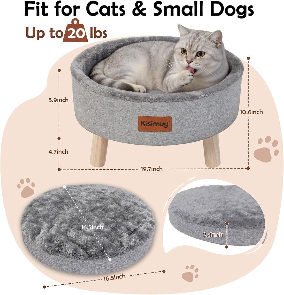 Raised Cat Bed Wooden for Indoor Cats, Cute Cat Couch with Cushion