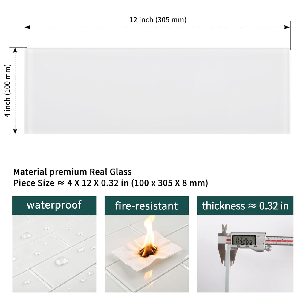 White Glass Subway Tile, Glass Kitchen Shower Backsplash Wall, 4 x 12 Inches, 12Pcs, 4 Sq.Ft.
