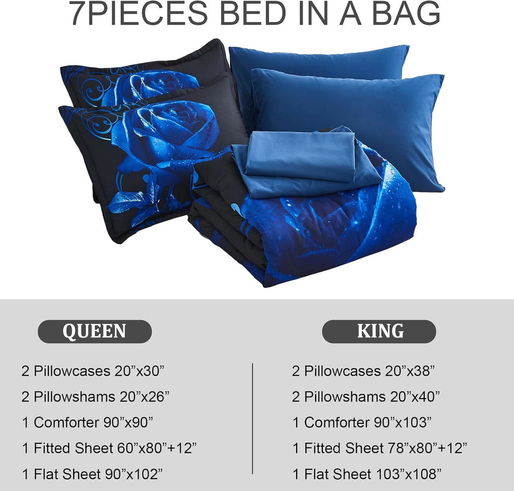 Xruibed Blue Comforter Set Queen 7 Piece Bed in a Bag Blue Rose Comforter with Sheet Set Soft Micorfiber Reversible