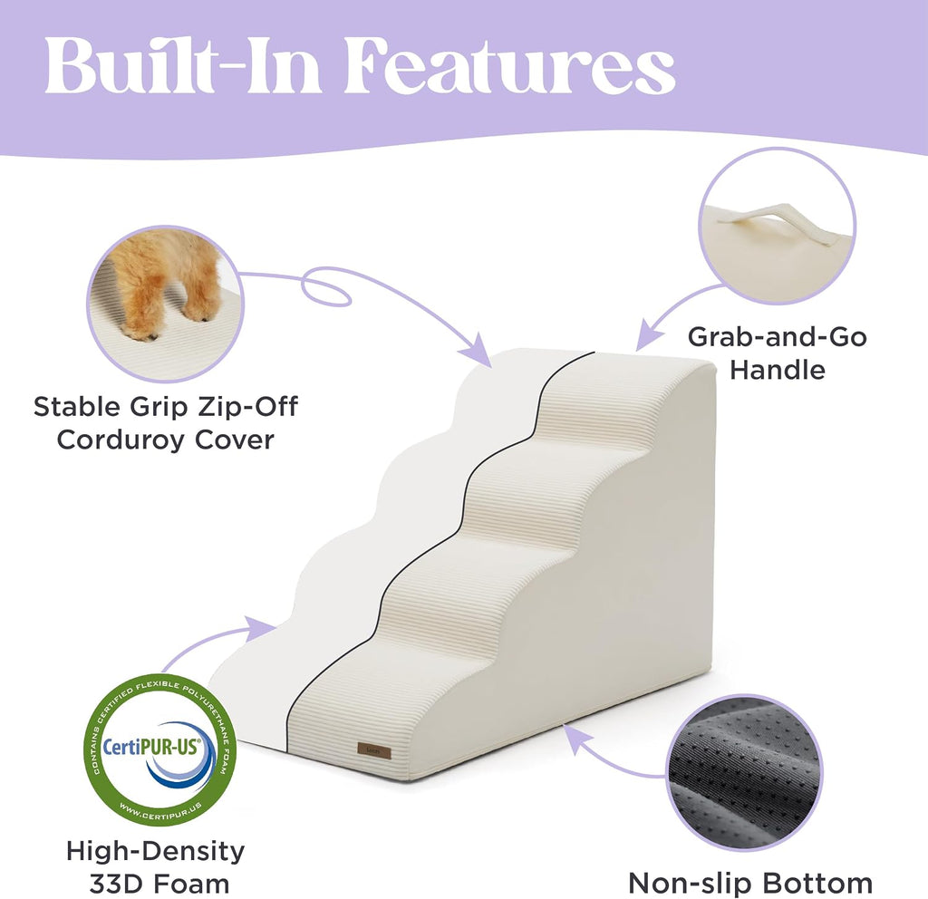 Dog Stairs for Small Dogs, Beige, 4 Step Pet Ramp for Bed and Couch