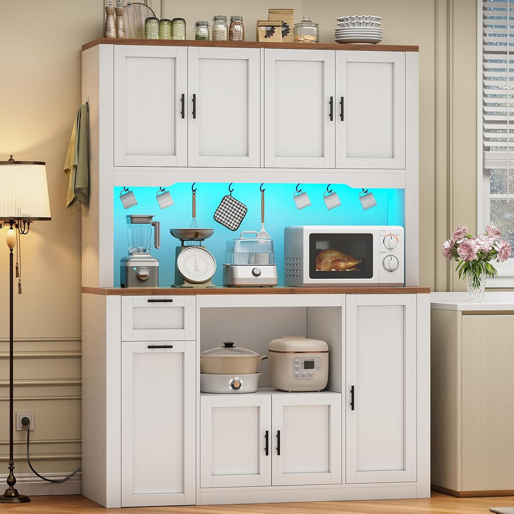 71" Pantry Cabinet with Charging Station and LED Light, Kitchen Pantry Cabinet with Microwave Stand, 47.2" Wide
