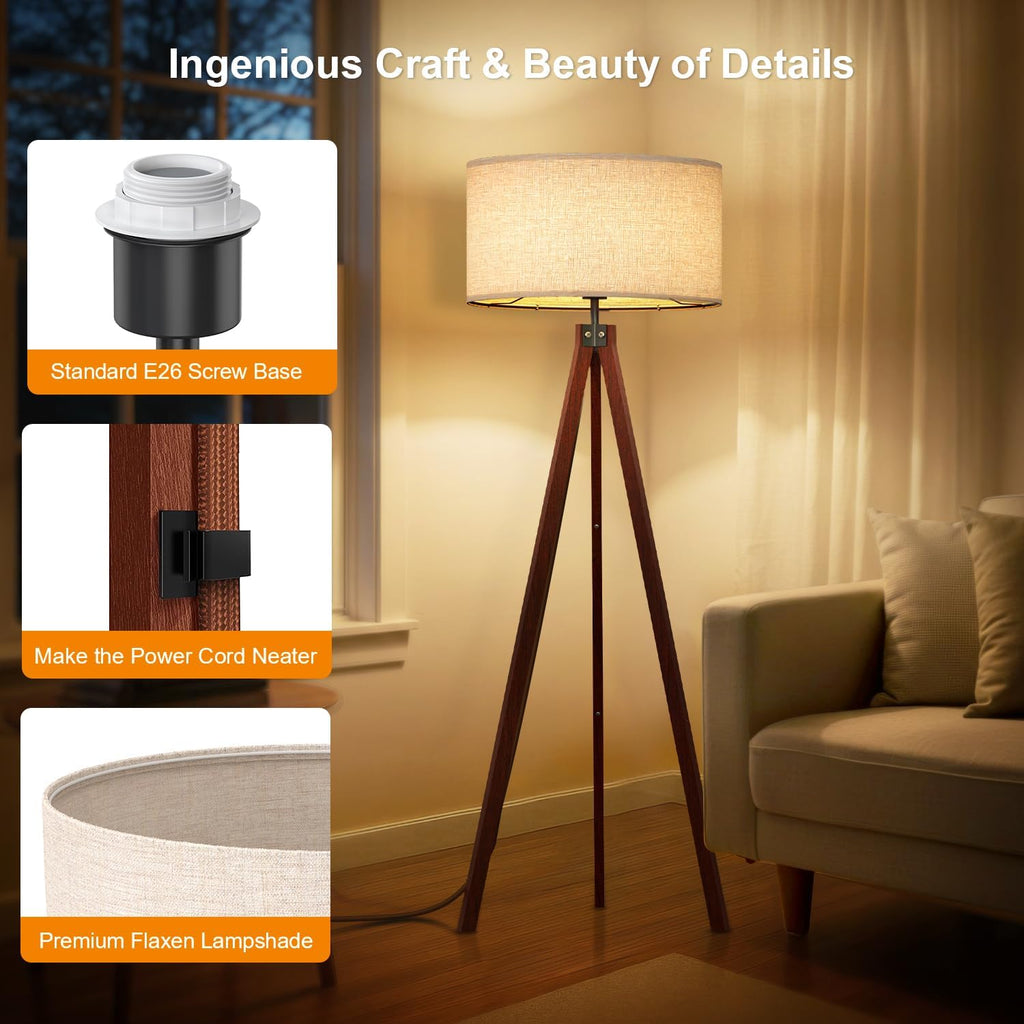 Wood Tripod Floor Lamp, Mid Century Standing Lamp, Modern Design Studying Light Room and Office