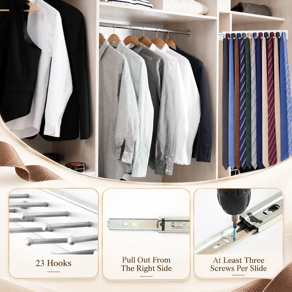 2 Pcs 12'' Sliding Tie Rack Hangers for Closet, 23 Tie Each, Sliver