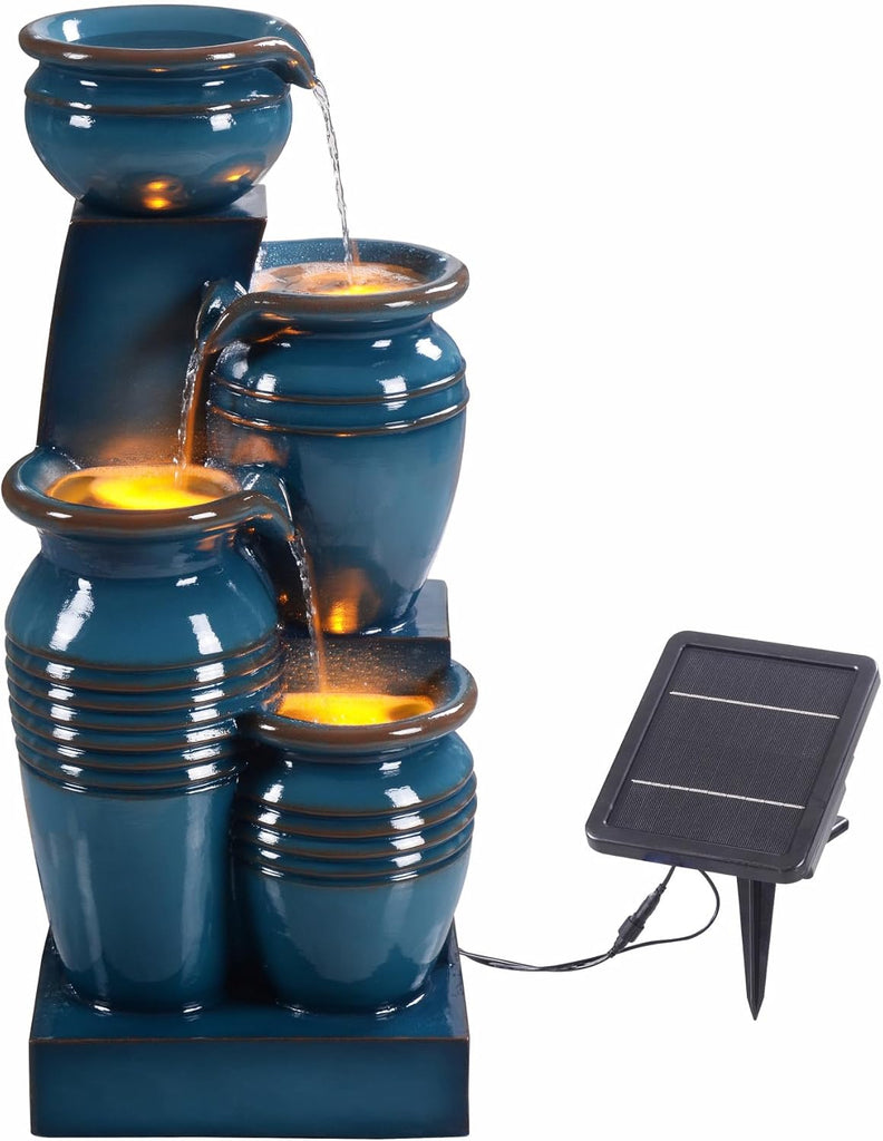 28.74 in. 4-Tier Cascading Bowl Solar-Powered Water Fountain with LED Lights for Gardens, Landscaping, Patios