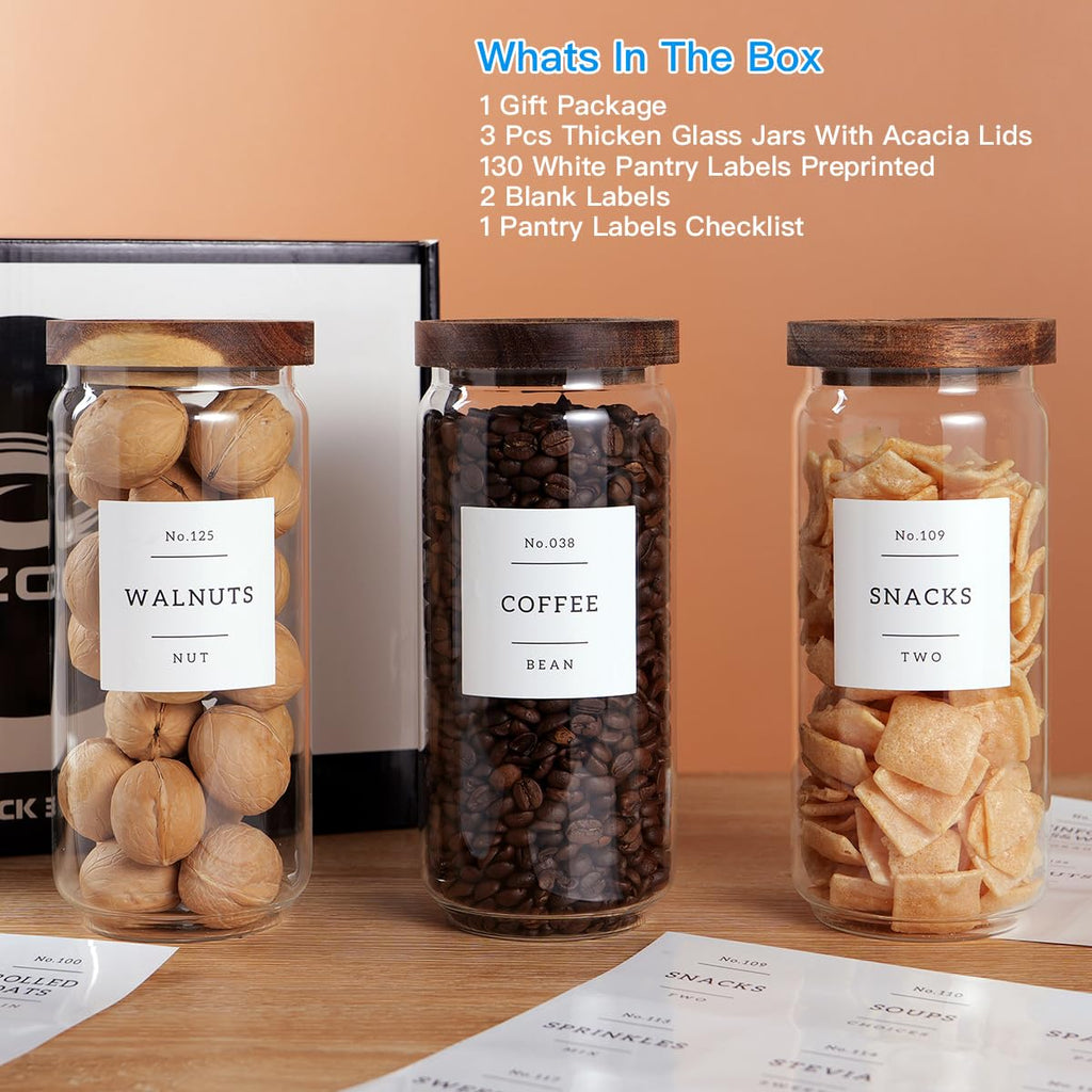 3 Set Glass Pantry Storage Jars with Acacia Airtight Lid - 35oz Thicken Glass Kitchen Canisters with 132 Pantry