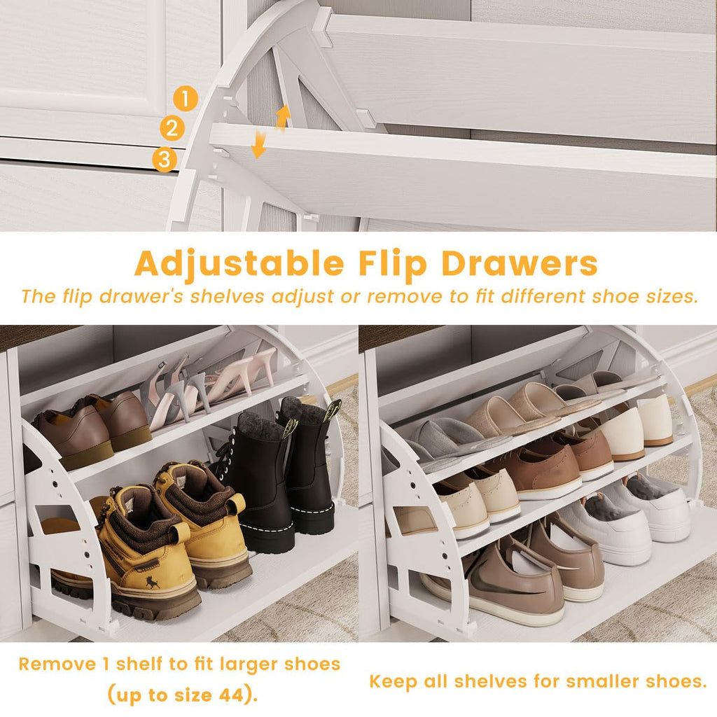 Shoe Storage Bench with Flip Drawer, Wooden Entryway Bench, Modern Shoe Cabinet with Removable Drawers (Walnut Brown