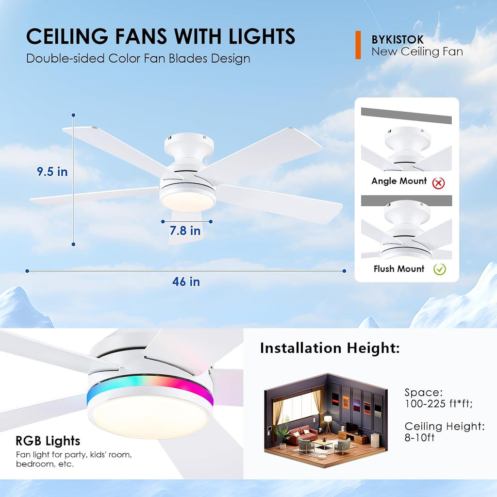 46" Flush Mount RGB Ceiling Fans with Lights - White Low Profile Ceiling Fan Light with Remote/APP, RGB+3CCT 6 Wind Speeds and Reversible, Modern Fan Light Fixture for Party, Kiad's Room A101-B0F1L6V1M2